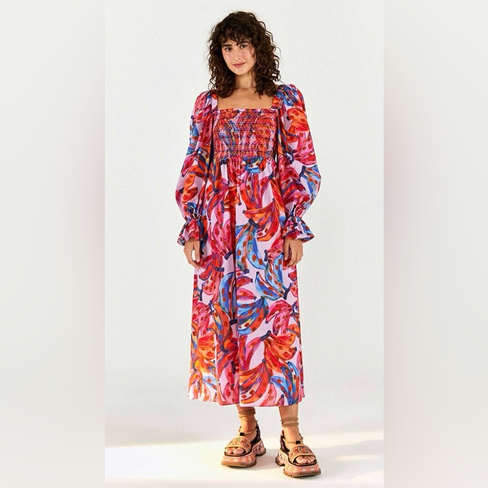FARM RIO Tropical Colorful Bananas Cotton Midi Dress Red Boho Summer Size Small